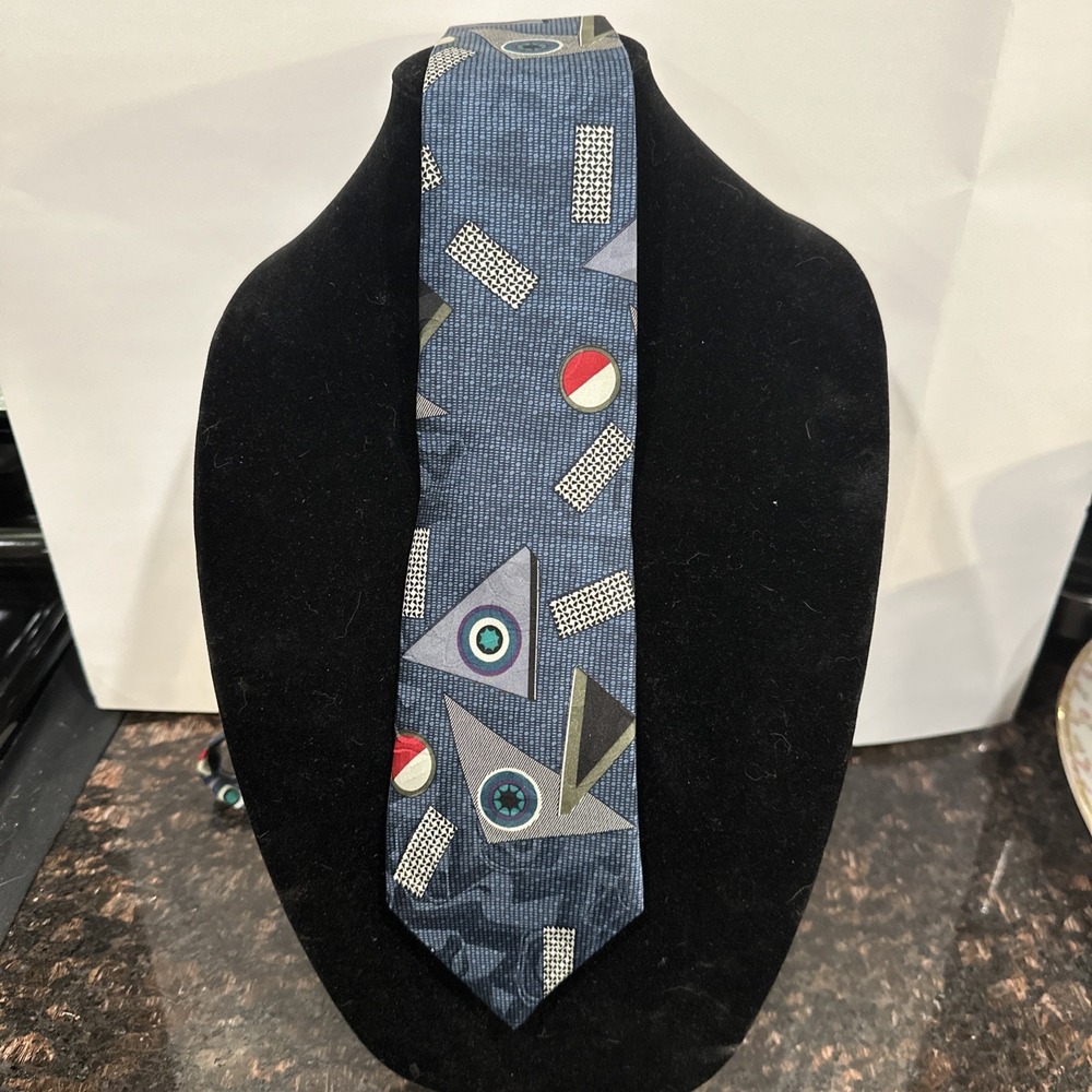 Vintage Ferracci Necktie Navy Purple Art Deco Geometric Wide Tall Power Tie USA